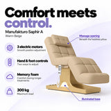 Manufakturo Saphir A Warm Beige beauty bed features: 3 electric motors, hand and foot controls, memory foam, 300 kg maximum load, massage opening and illuminated base.