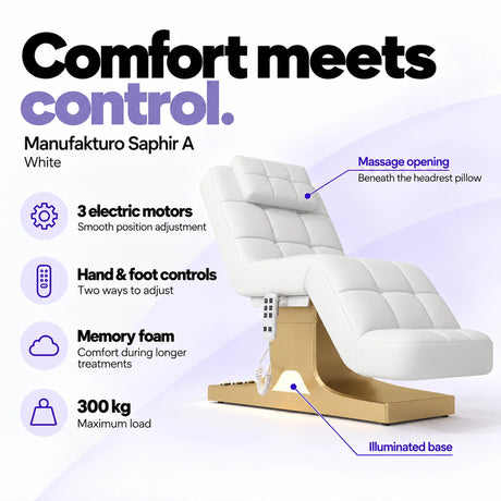 Manufakturo Saphir A White beauty bed features: 3 electric motors, hand and foot controls, memory foam, 300 kg maximum load, massage opening and illuminated base.