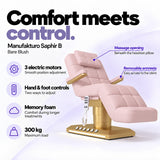 Manufakturo Saphir B Bare Blush beauty bed features: 3 electric motors, hand and foot controls, memory foam, 300 kg maximum load, massage opening and removable armrests.