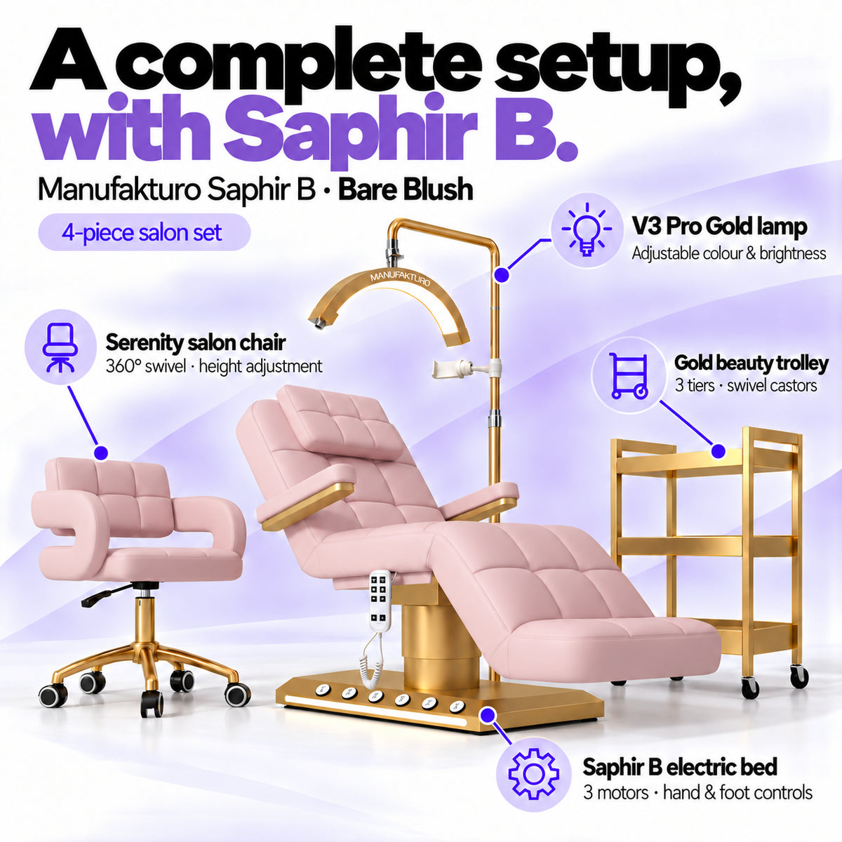 Manufakturo Saphir B Bare Blush set features: three-motor bed with hand and foot controls, Serenity swivel chair, adjustable V3 Pro Gold lamp and three-tier gold trolley.