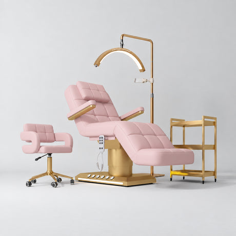 Manufakturo Saphir B Bare Blush four-piece beauty studio set with armrest electric bed, Serenity salon chair, V3 Pro Gold lamp and empty three-tier gold trolley.