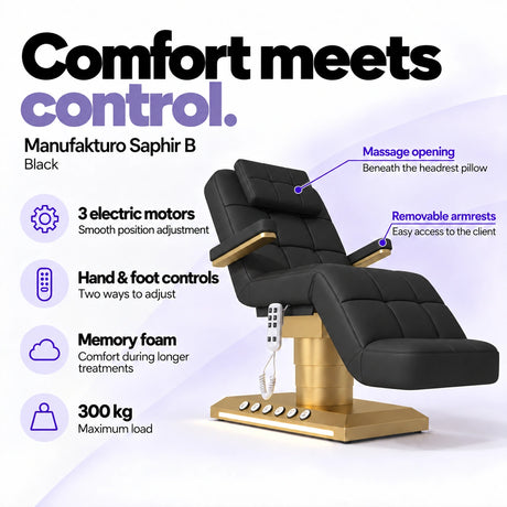 Manufakturo Saphir B Black beauty bed features: 3 electric motors, hand and foot controls, memory foam, 300 kg maximum load, massage opening and removable armrests.