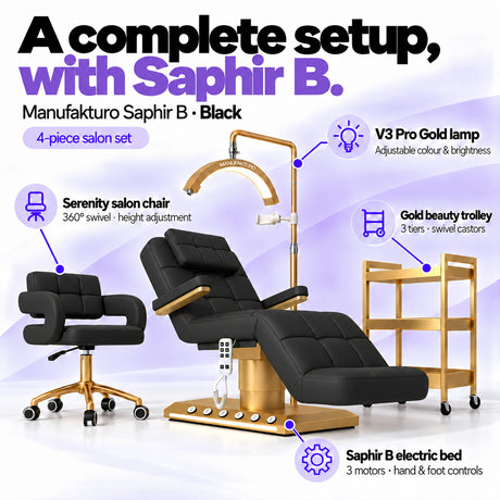 Manufakturo Saphir B Black set features: three-motor bed with hand and foot controls, Serenity swivel chair, adjustable V3 Pro Gold lamp and three-tier gold trolley.