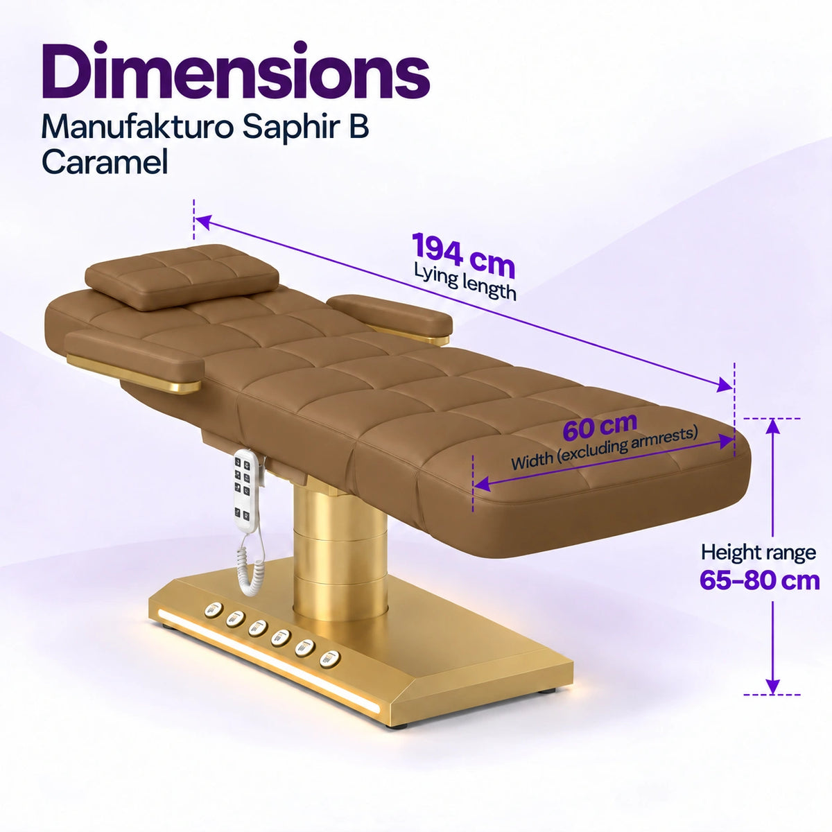 Manufakturo Saphir B Caramel beauty bed dimensions: 194 cm lying length, 60 cm width excluding armrests and adjustable height from 65 to 80 cm.