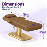 Manufakturo Saphir B Caramel beauty bed dimensions: 194 cm lying length, 60 cm width excluding armrests and adjustable height from 65 to 80 cm.
