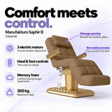 Manufakturo Saphir B Caramel beauty bed features: 3 electric motors, hand and foot controls, memory foam, 300 kg maximum load, massage opening and removable armrests.