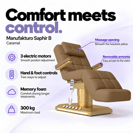 Manufakturo Saphir B Caramel beauty bed features: 3 electric motors, hand and foot controls, memory foam, 300 kg maximum load, massage opening and removable armrests.