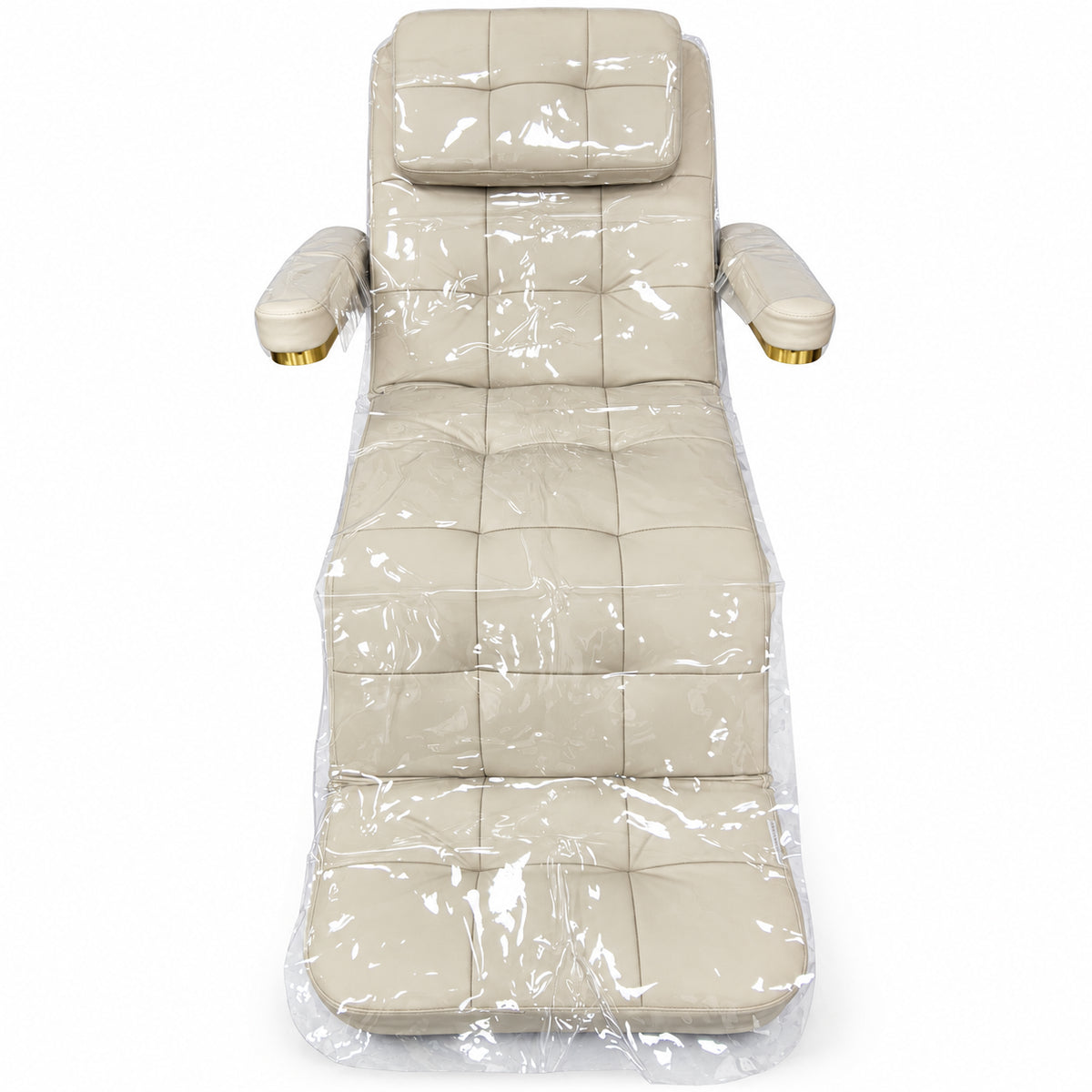 Clear protective covers on the Saphir B bed with the quilted headrest cushion fitted, on a white background