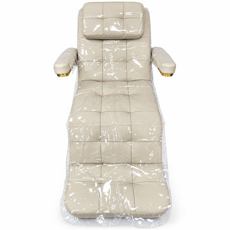 Clear protective covers on the Saphir B bed with the quilted headrest cushion fitted, on a white background
