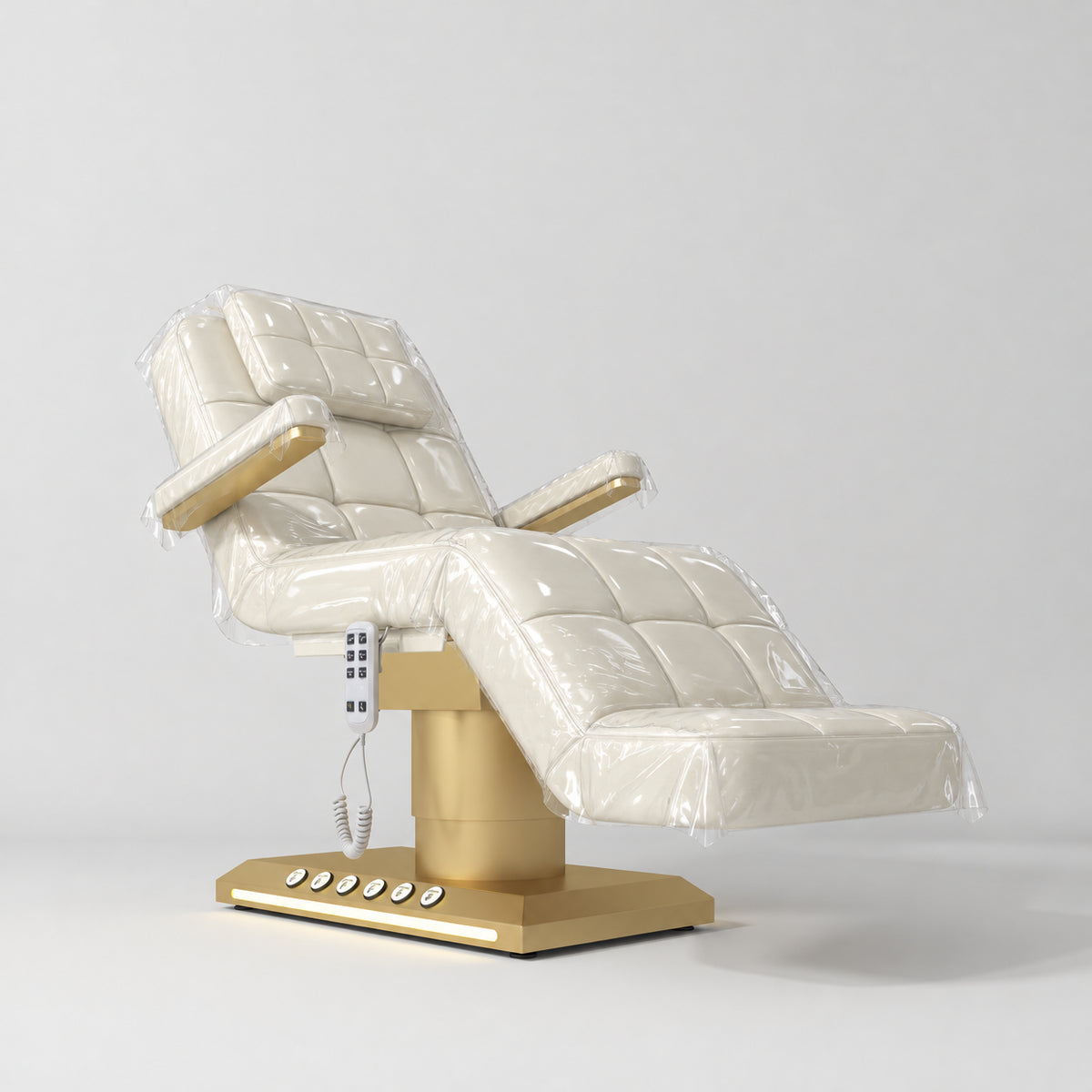 Clear protective cover set fitted to the Manufakturo Saphir B Creamy bed with its headrest cushion, shown in the original catalogue view