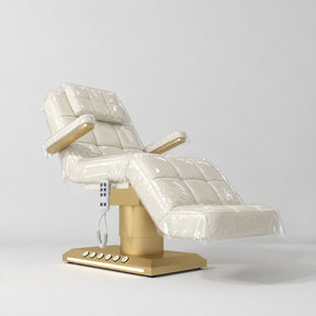 Clear protective cover set fitted to the Manufakturo Saphir B Creamy bed with its headrest cushion, shown in the original catalogue view