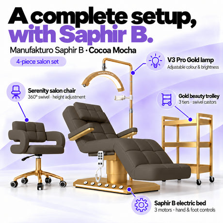 Manufakturo Saphir B Cocoa Mocha set features: three-motor bed with hand and foot controls, Serenity swivel chair, adjustable V3 Pro Gold lamp and three-tier gold trolley.