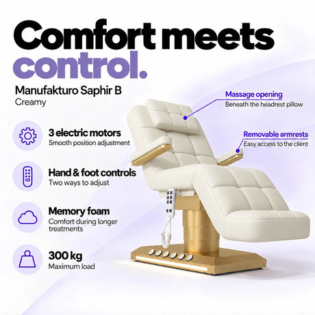 Manufakturo Saphir B Creamy beauty bed features: 3 electric motors, hand and foot controls, memory foam, 300 kg maximum load, massage opening and removable armrests.