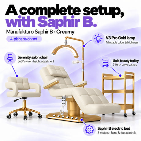 Manufakturo Saphir B Creamy set features: three-motor bed with hand and foot controls, Serenity swivel chair, adjustable V3 Pro Gold lamp and three-tier gold trolley.