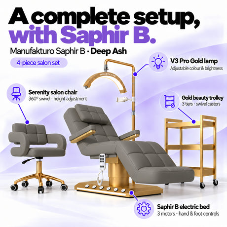 Manufakturo Saphir B Deep Ash set features: three-motor bed with hand and foot controls, Serenity swivel chair, adjustable V3 Pro Gold lamp and three-tier gold trolley.