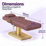 Manufakturo Saphir B Dusty Rose beauty bed dimensions: 194 cm lying length, 60 cm width excluding armrests and adjustable height from 65 to 80 cm.