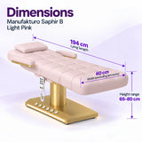 Manufakturo Saphir B Light Pink beauty bed dimensions: 194 cm lying length, 60 cm width excluding armrests and adjustable height from 65 to 80 cm.