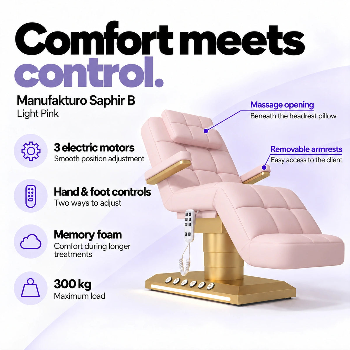 Manufakturo Saphir B Light Pink beauty bed features: 3 electric motors, hand and foot controls, memory foam, 300 kg maximum load, massage opening and removable armrests.