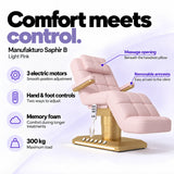 Manufakturo Saphir B Light Pink beauty bed features: 3 electric motors, hand and foot controls, memory foam, 300 kg maximum load, massage opening and removable armrests.