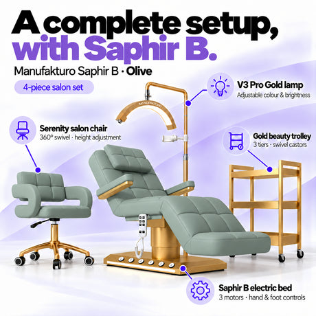 Manufakturo Saphir B Olive set features: three-motor bed with hand and foot controls, Serenity swivel chair, adjustable V3 Pro Gold lamp and three-tier gold trolley.