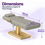 Manufakturo Saphir B Pearl Greige beauty bed dimensions: 194 cm lying length, 60 cm width excluding armrests and adjustable height from 65 to 80 cm.