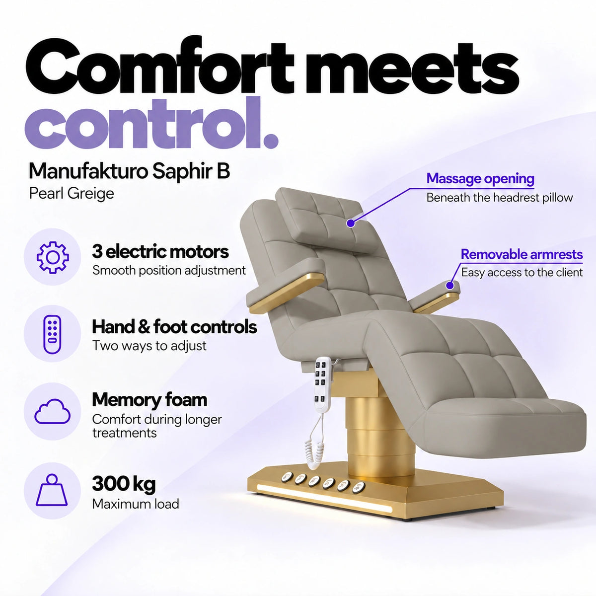 Manufakturo Saphir B Pearl Greige beauty bed features: 3 electric motors, hand and foot controls, memory foam, 300 kg maximum load, massage opening and removable armrests.