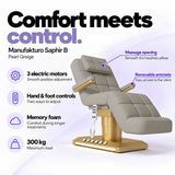 Manufakturo Saphir B Pearl Greige beauty bed features: 3 electric motors, hand and foot controls, memory foam, 300 kg maximum load, massage opening and removable armrests.