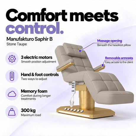 Manufakturo Saphir B Stone Taupe beauty bed features: 3 electric motors, hand and foot controls, memory foam, 300 kg maximum load, massage opening and removable armrests.