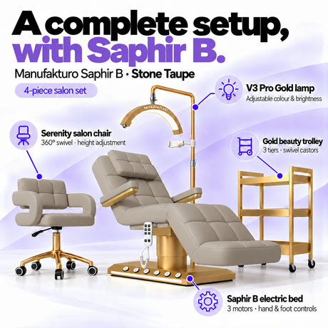 Manufakturo Saphir B Stone Taupe set features: three-motor bed with hand and foot controls, Serenity swivel chair, adjustable V3 Pro Gold lamp and three-tier gold trolley.