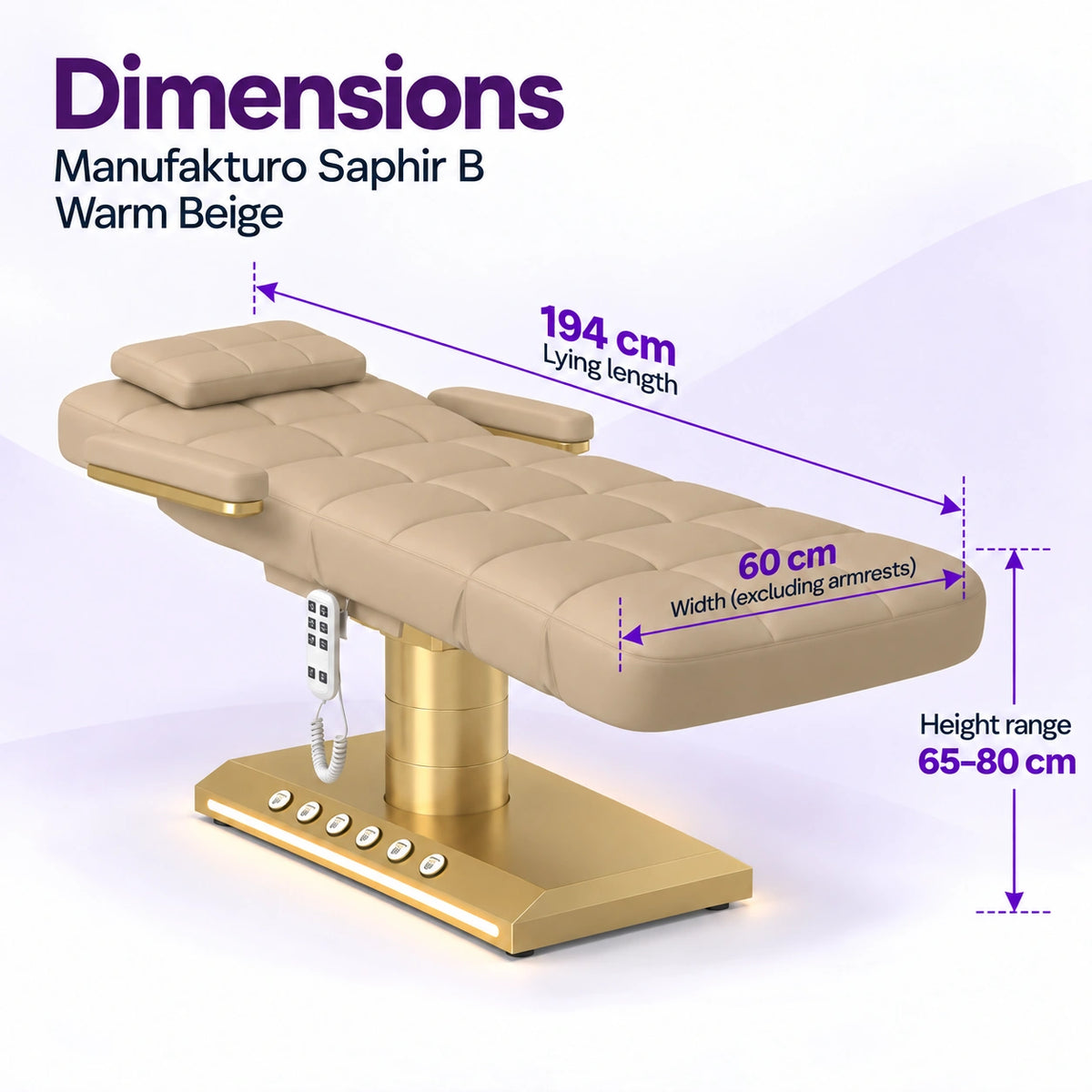 Manufakturo Saphir B Warm Beige beauty bed dimensions: 194 cm lying length, 60 cm width excluding armrests and adjustable height from 65 to 80 cm.