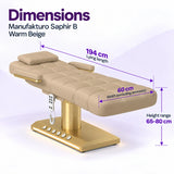 Manufakturo Saphir B Warm Beige beauty bed dimensions: 194 cm lying length, 60 cm width excluding armrests and adjustable height from 65 to 80 cm.