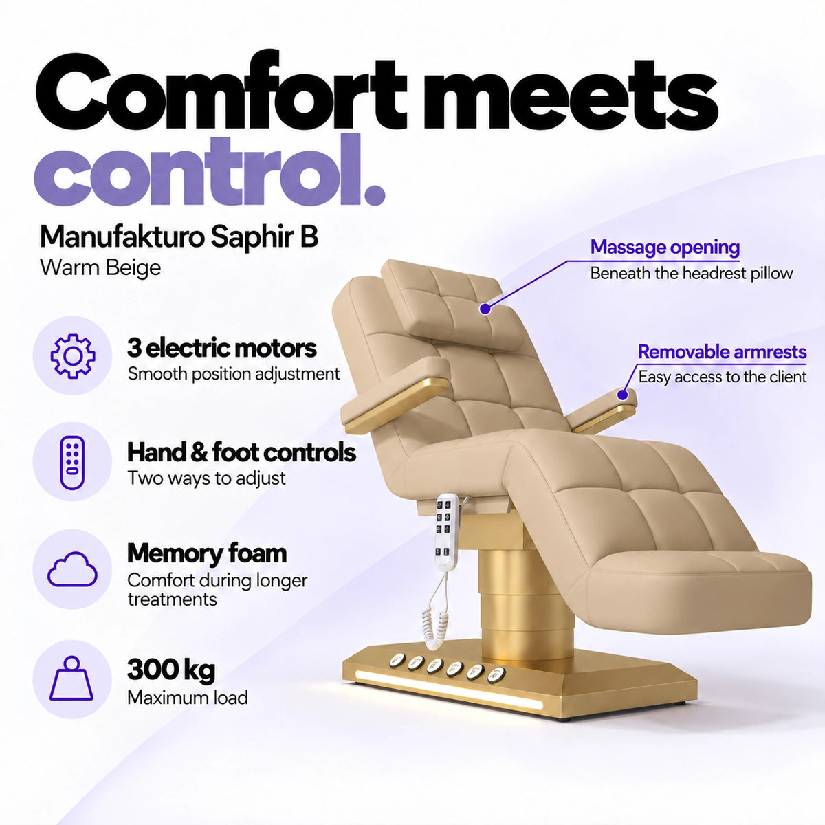 Manufakturo Saphir B Warm Beige beauty bed features: 3 electric motors, hand and foot controls, memory foam, 300 kg maximum load, massage opening and removable armrests.