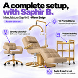 Manufakturo Saphir B Warm Beige set features: three-motor bed with hand and foot controls, Serenity swivel chair, adjustable V3 Pro Gold lamp and three-tier gold trolley.