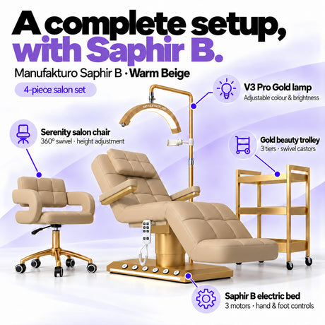 Manufakturo Saphir B Warm Beige set features: three-motor bed with hand and foot controls, Serenity swivel chair, adjustable V3 Pro Gold lamp and three-tier gold trolley.