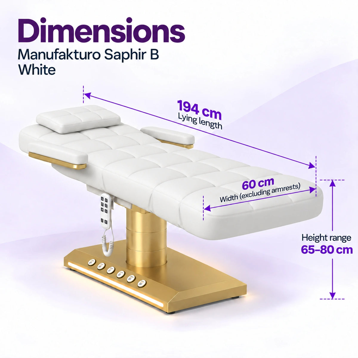 Manufakturo Saphir B White beauty bed dimensions: 194 cm lying length, 60 cm width excluding armrests and adjustable height from 65 to 80 cm.