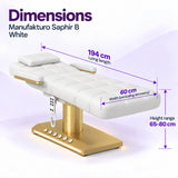 Manufakturo Saphir B White beauty bed dimensions: 194 cm lying length, 60 cm width excluding armrests and adjustable height from 65 to 80 cm.