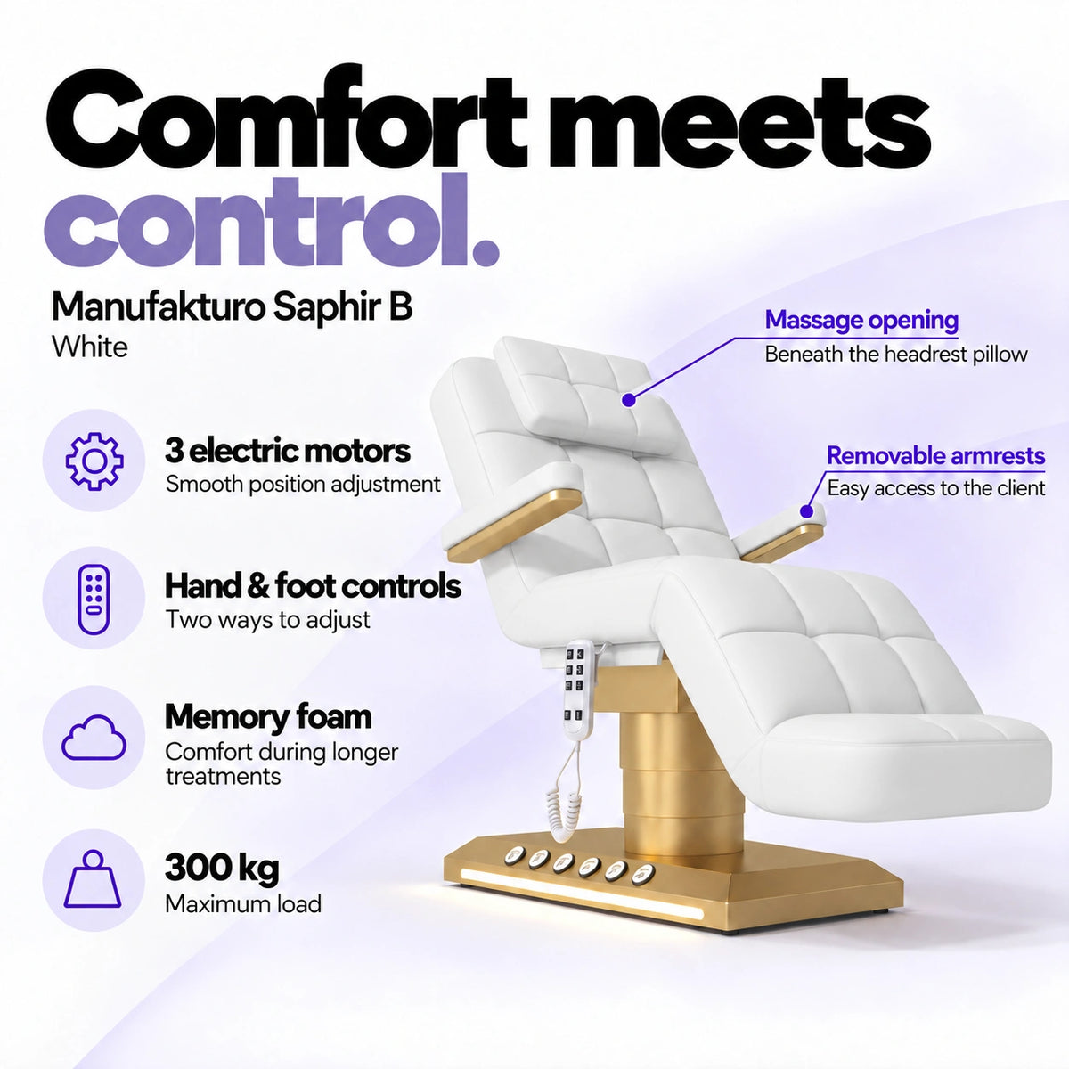 Manufakturo Saphir B White beauty bed features: 3 electric motors, hand and foot controls, memory foam, 300 kg maximum load, massage opening and removable armrests.