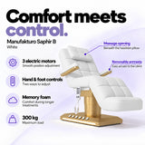 Manufakturo Saphir B White beauty bed features: 3 electric motors, hand and foot controls, memory foam, 300 kg maximum load, massage opening and removable armrests.
