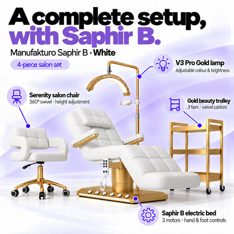 Manufakturo Saphir B White set features: three-motor bed with hand and foot controls, Serenity swivel chair, adjustable V3 Pro Gold lamp and three-tier gold trolley.