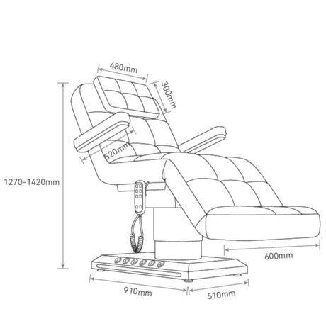 Manufakturo Saphir version B Electric Salon Bed with Dual Controls Black - dimensions and measurements shown