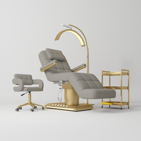 Manufakturo Saphir version B Pearl Greige - 4-Piece Beauty Studio Set: Luxury Bed, Chair, Lamp & Trolley - close-up of a construction detail