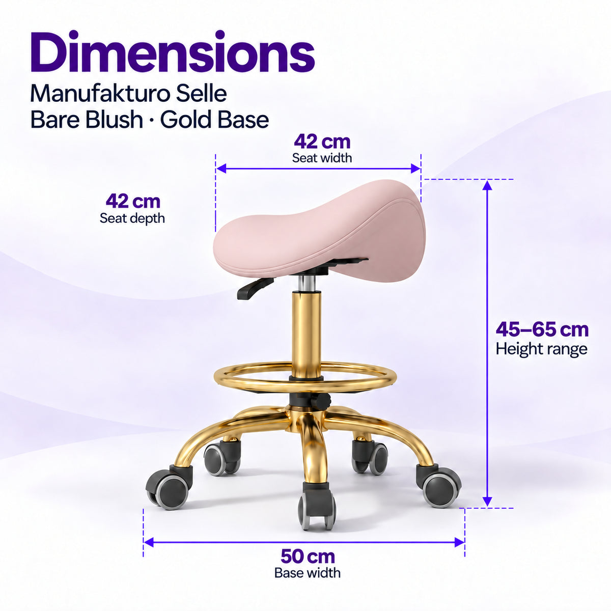 Manufakturo Selle Bare Blush Gold Base saddle stool dimensions: 42 x 42 cm seat, 45–65 cm height range and 50 cm base width.