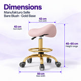 Manufakturo Selle Bare Blush Gold Base saddle stool dimensions: 42 x 42 cm seat, 45–65 cm height range and 50 cm base width.