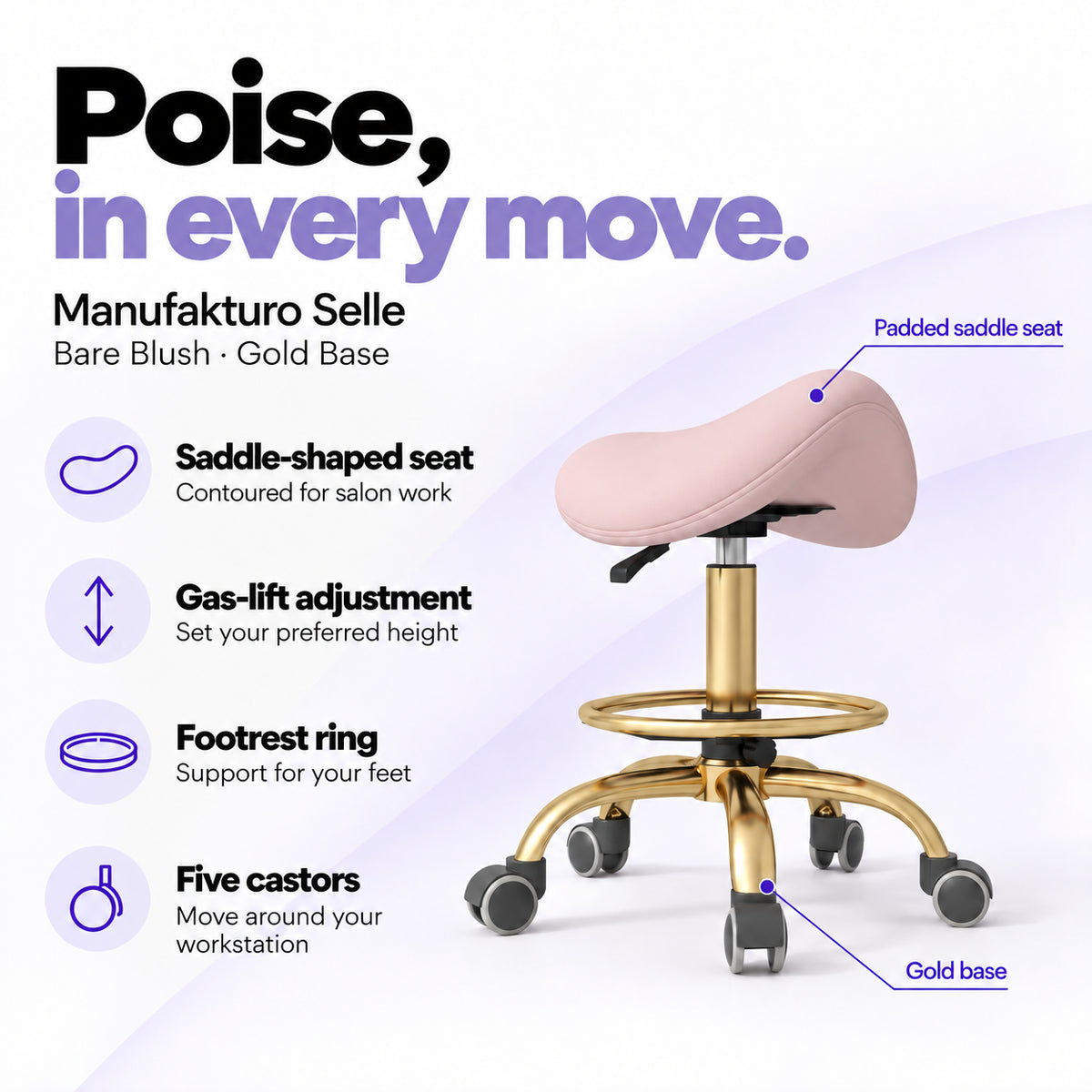 Manufakturo Selle Bare Blush Gold Base saddle stool with gas-lift adjustment, footrest ring and five castors.