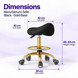 Manufakturo Selle Black Gold Base saddle stool dimensions: 42 x 42 cm seat, 45–65 cm height range and 50 cm base width.