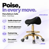 Manufakturo Selle Black Gold Base saddle stool with gas-lift adjustment, footrest ring and five castors.
