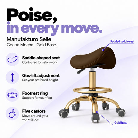 Manufakturo Selle Cocoa Mocha Gold Base saddle stool with gas-lift adjustment, footrest ring and five castors.