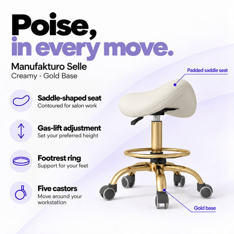 Manufakturo Selle Creamy Gold Base saddle stool with gas-lift adjustment, footrest ring and five castors.