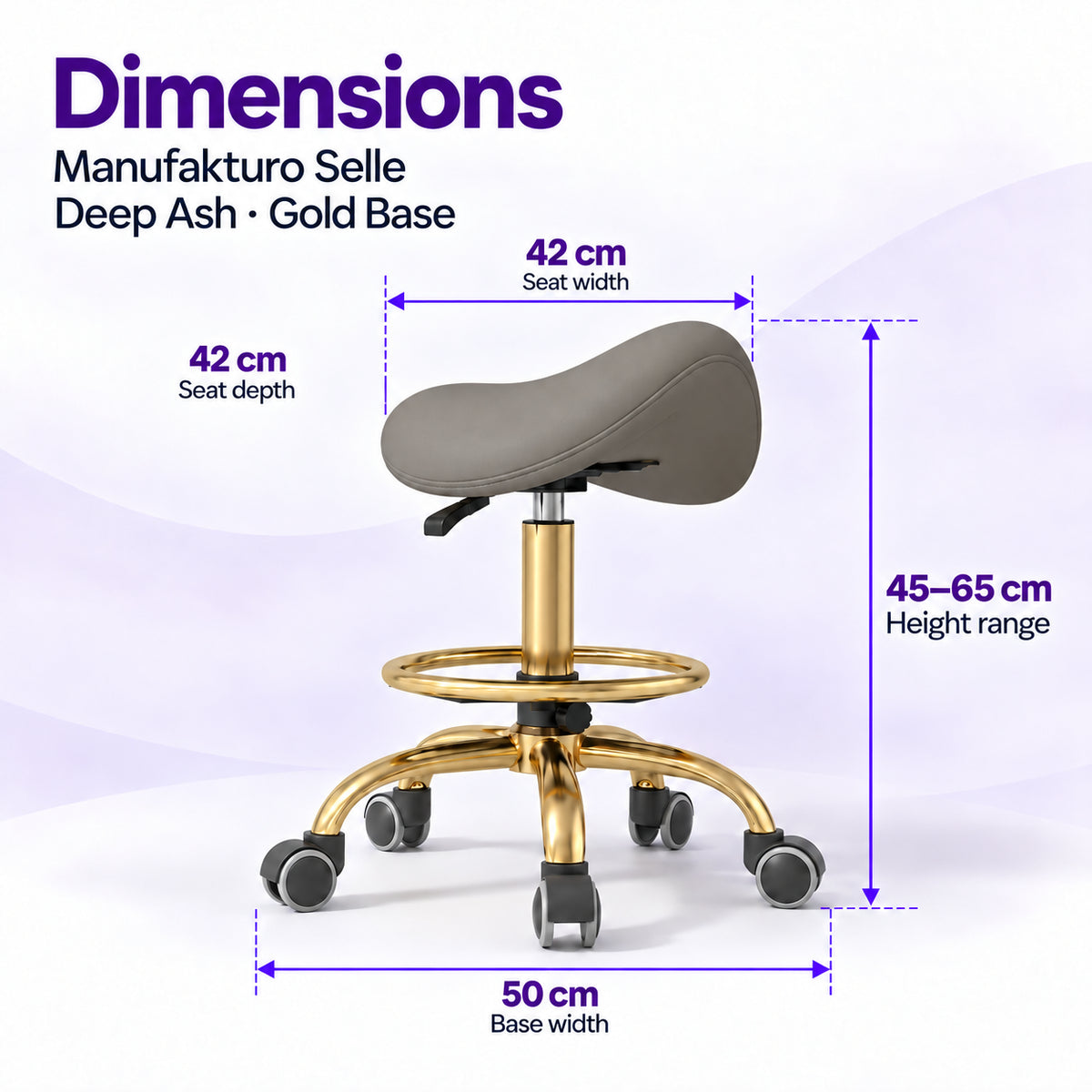 Manufakturo Selle Deep Ash Gold Base saddle stool dimensions: 42 x 42 cm seat, 45–65 cm height range and 50 cm base width.