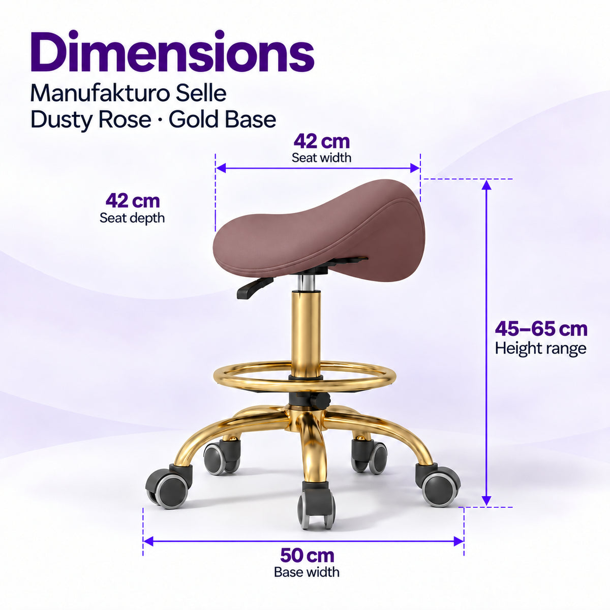 Manufakturo Selle Dusty Rose Gold Base saddle stool dimensions: 42 x 42 cm seat, 45–65 cm height range and 50 cm base width.